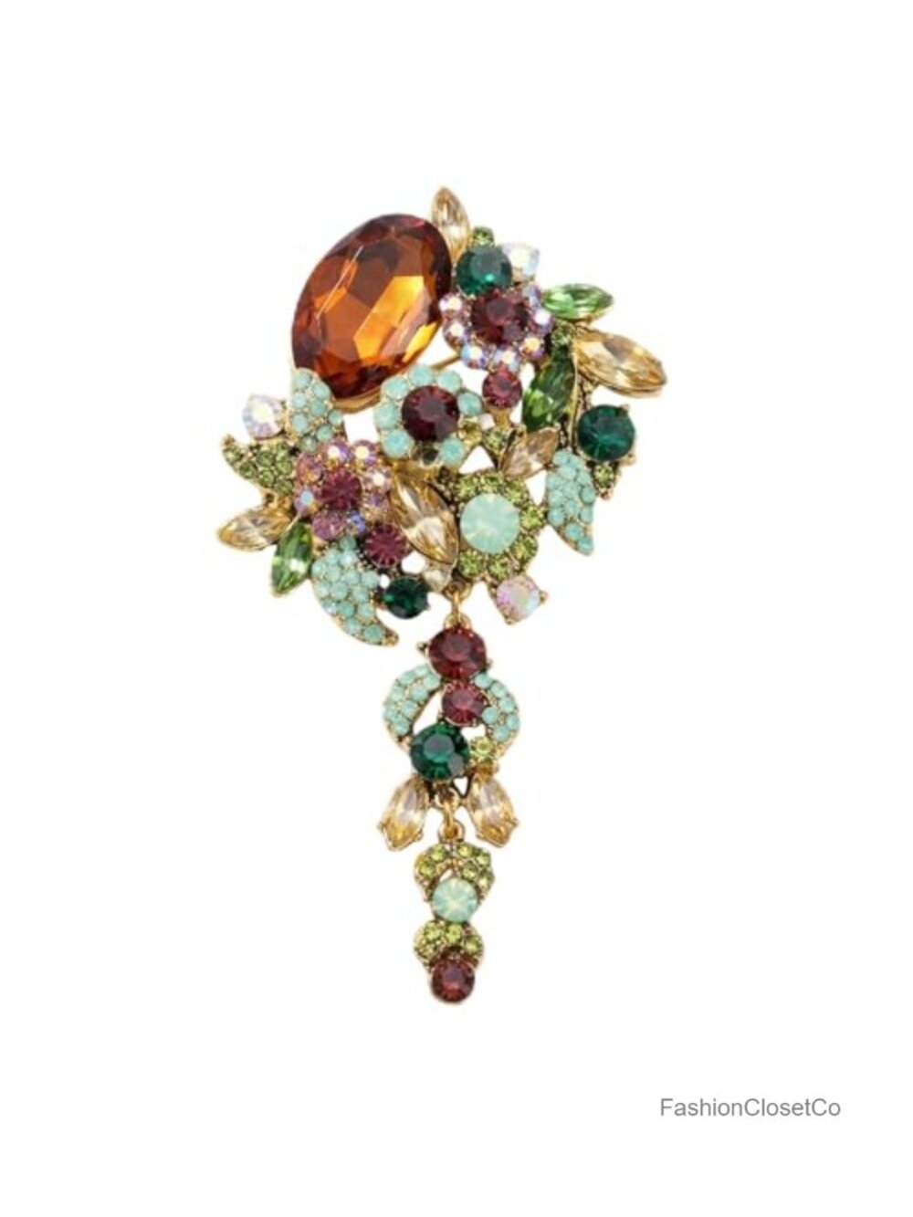 Large Vintage Rhinestone Brooch Floral Teardrop Dangle Women Jewelry